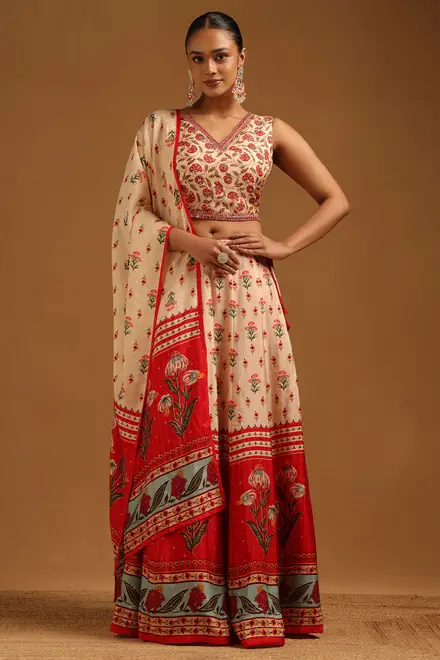 Cream Russian Silk Floral Lehenga With Mirror Work